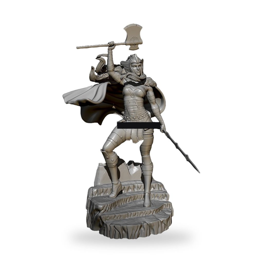 Unpainted Athena warrior goddess holding axe and spear on rocky base.