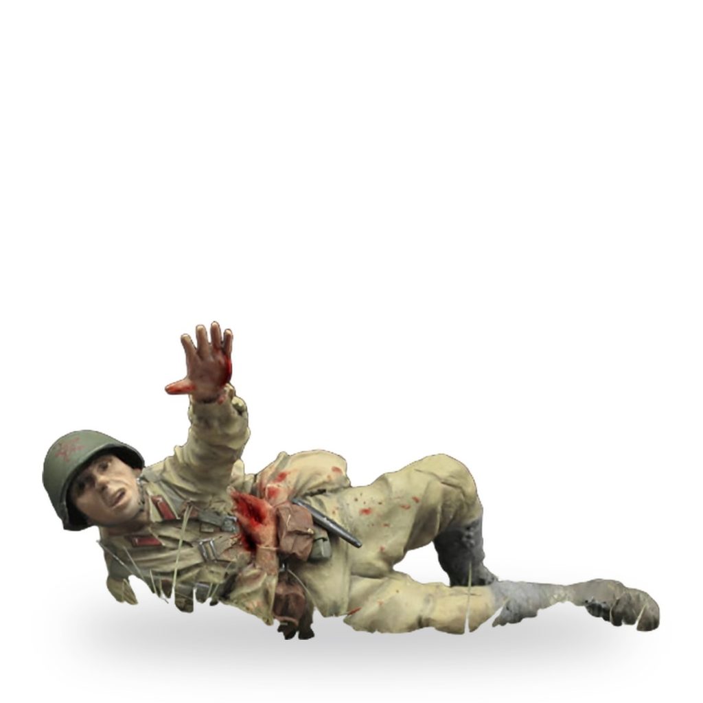 Unpainted WW2 Soviet soldier miniature in wounded pose with blood effects.