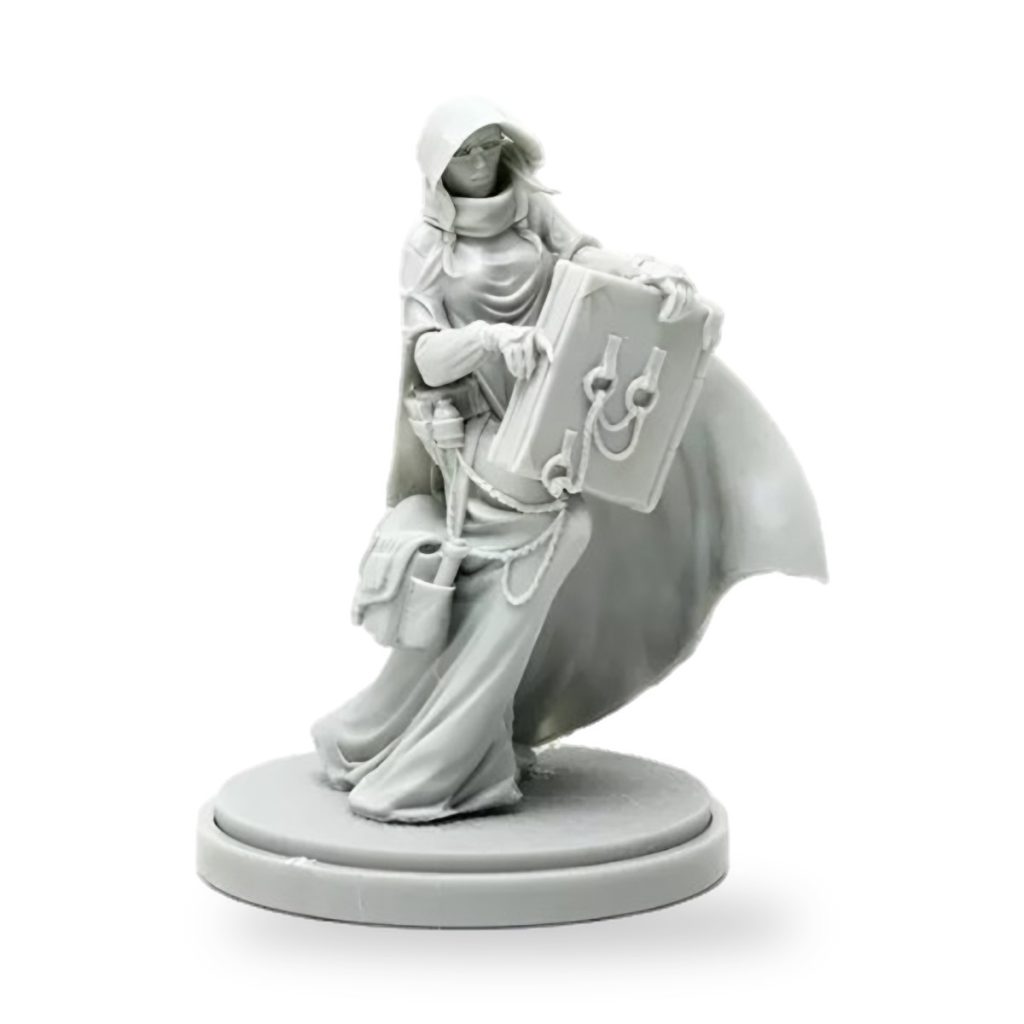 Unpainted 30mm fantasy archivist figure in cloak holding book and satchel.