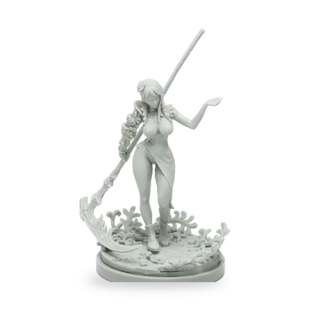 Unpainted female fantasy warrior holding scythe on coral base.