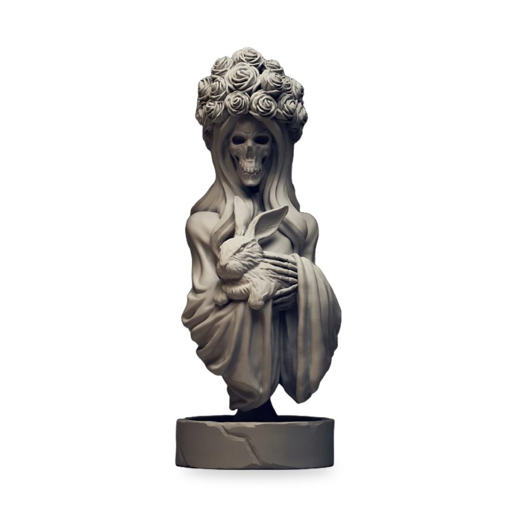 Unpainted bust of ghostly skull with rose crown holding rabbit.