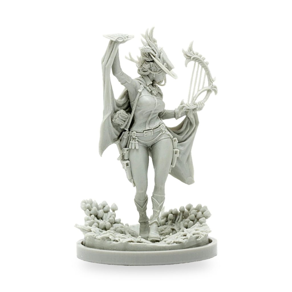 Unpainted female harpist figure with flowing cape and ornate base.