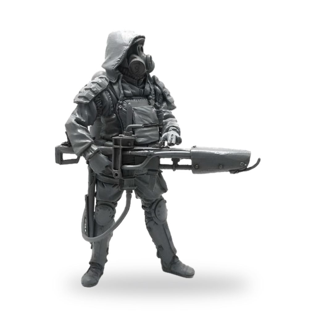 Unpainted 1/35 resin soldier in hazmat suit with gas mask and flamethrower.