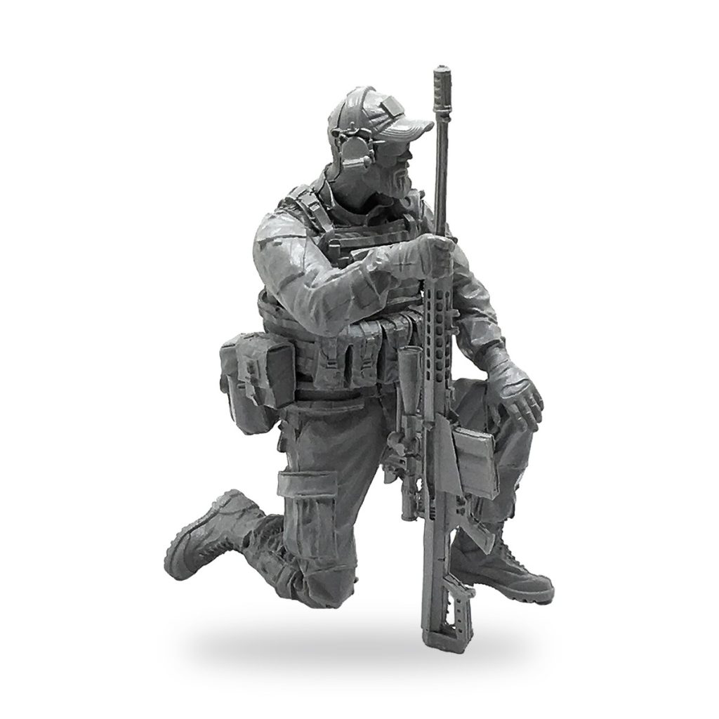Unpainted US soldier sniper kneeling with rifle in tactical gear.