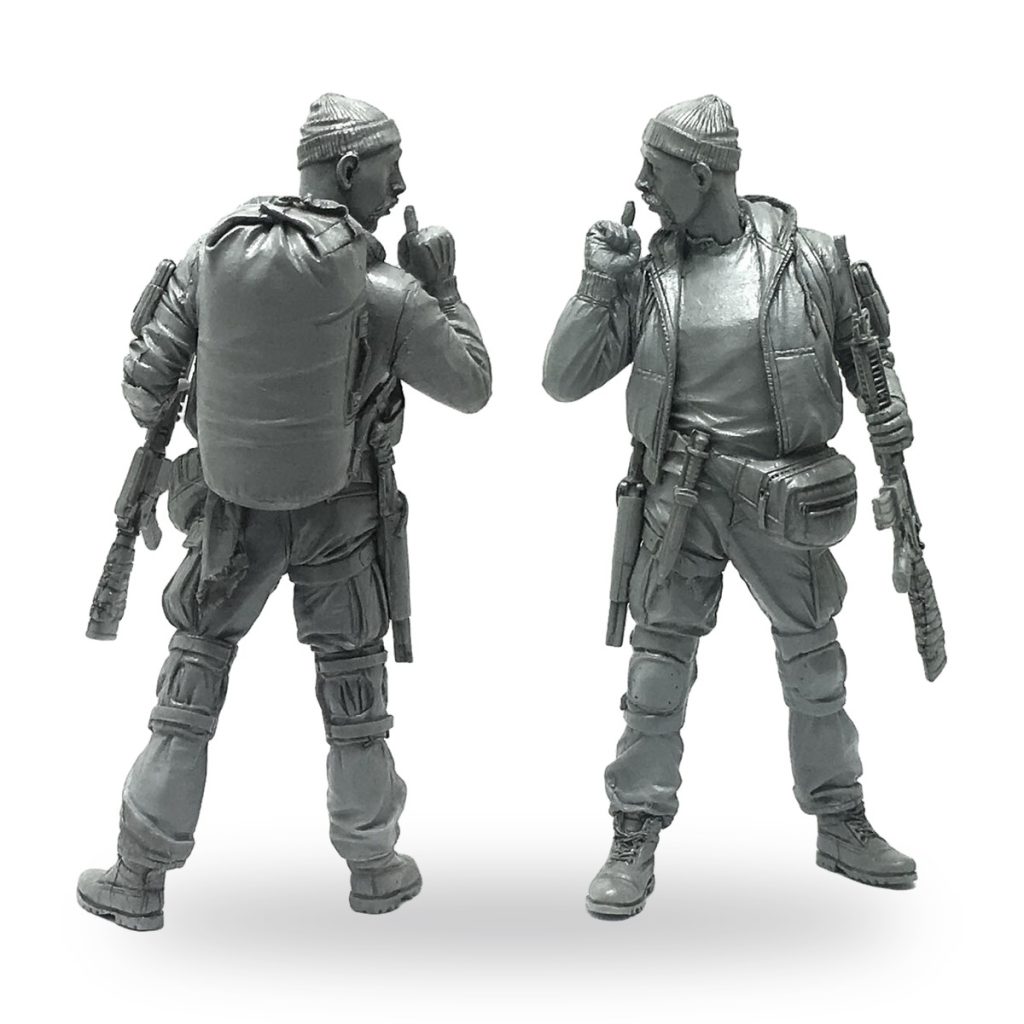 Unpainted US Militia Private Army GK miniature in tactical gear with backpack and rifle.