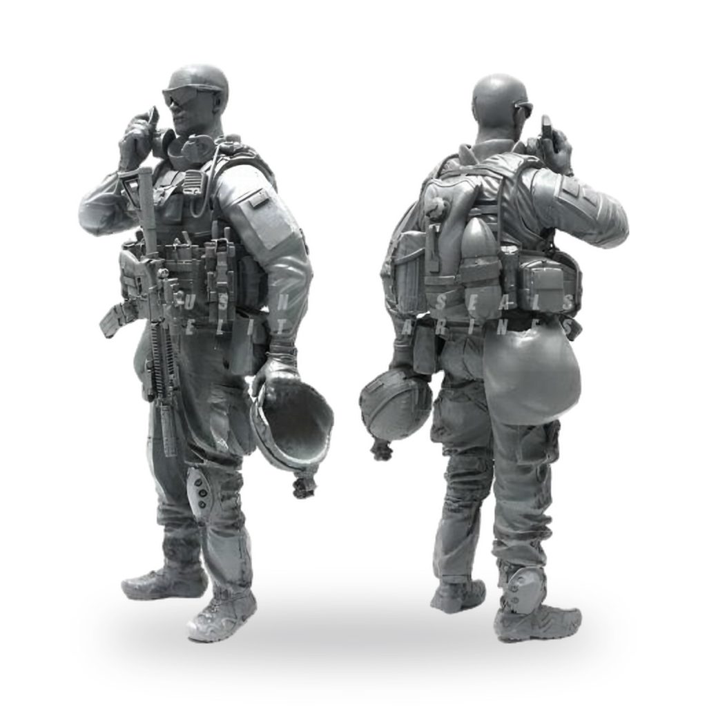 Unpainted US Marine soldier in full gear with rifle and helmet.
