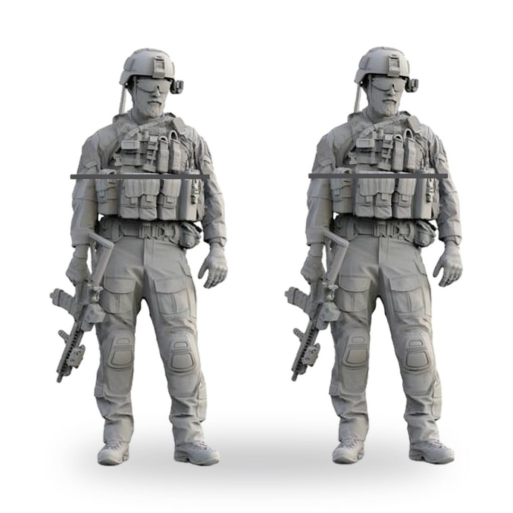 Unpainted US Navy SEAL soldier in tactical gear holding rifle.