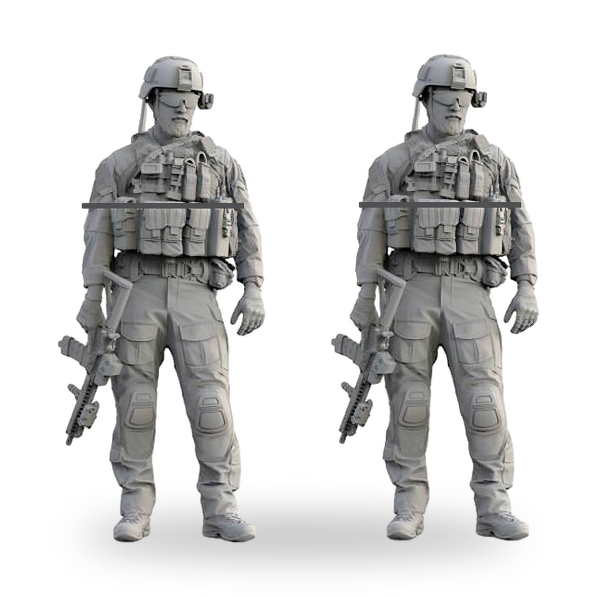 Unpainted US Navy SEAL soldier in tactical gear holding rifle.