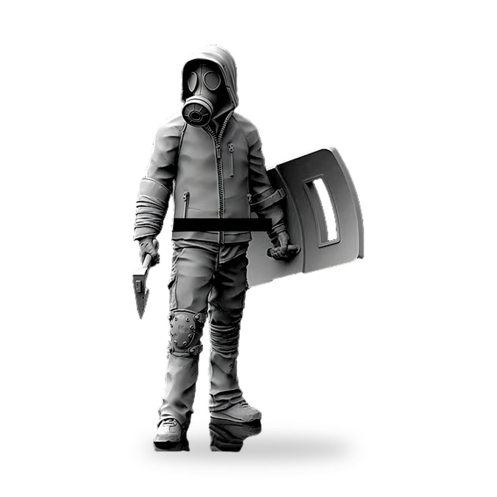 Unpainted 1/35 resin figure of gas-masked militia with shield and axe.