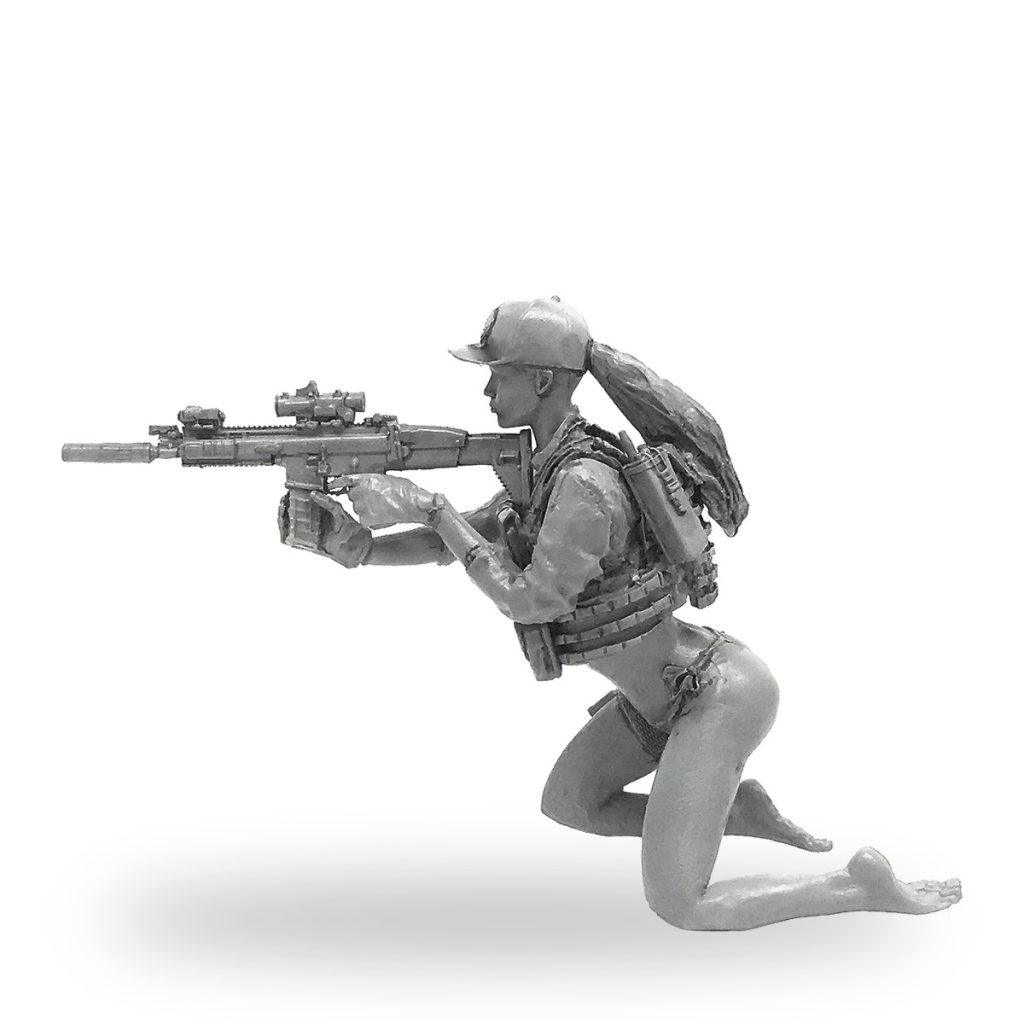 Unpainted female soldier sniper kneeling with rifle in tactical gear.