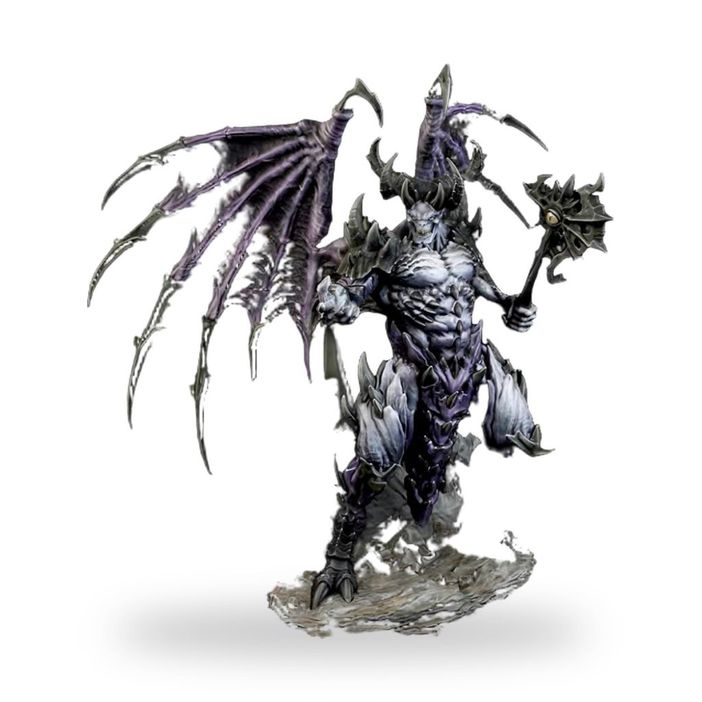 Unpainted winged demon lord fantasy figure with horns and axe.