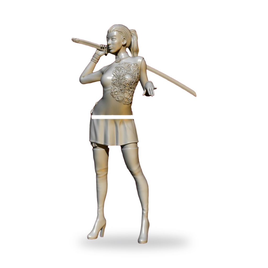 Unpainted female assassin figure holding sword in dynamic pose.