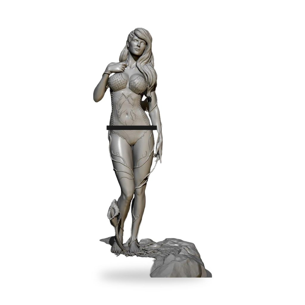 Unpainted resin statue of woman with vine-like body details and rocky base.
