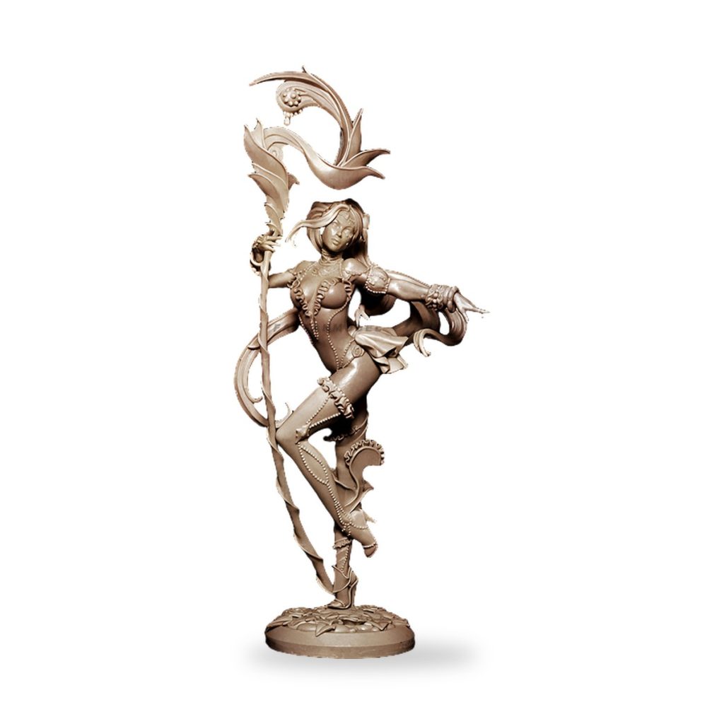 Unpainted fantasy mage witch holding staff in dynamic pose on base.