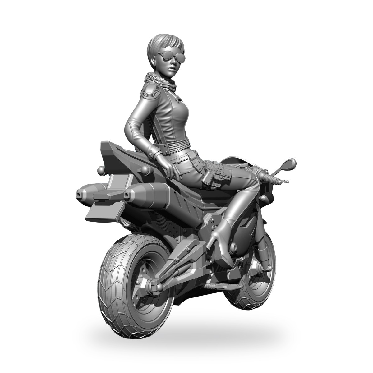 Unpainted resin figure of woman on futuristic motorcycle.