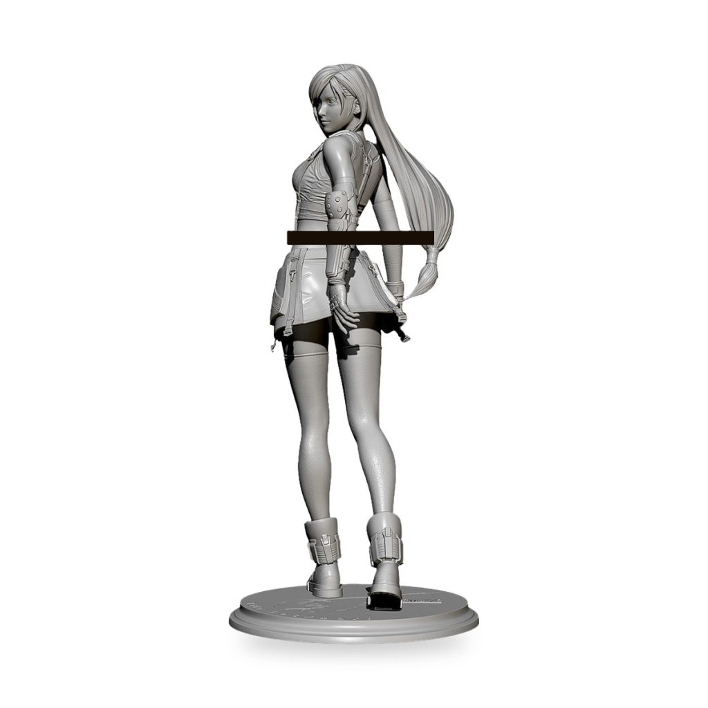 Unpainted 3D-printed figure of female space soldier with long hair and futuristic armor.