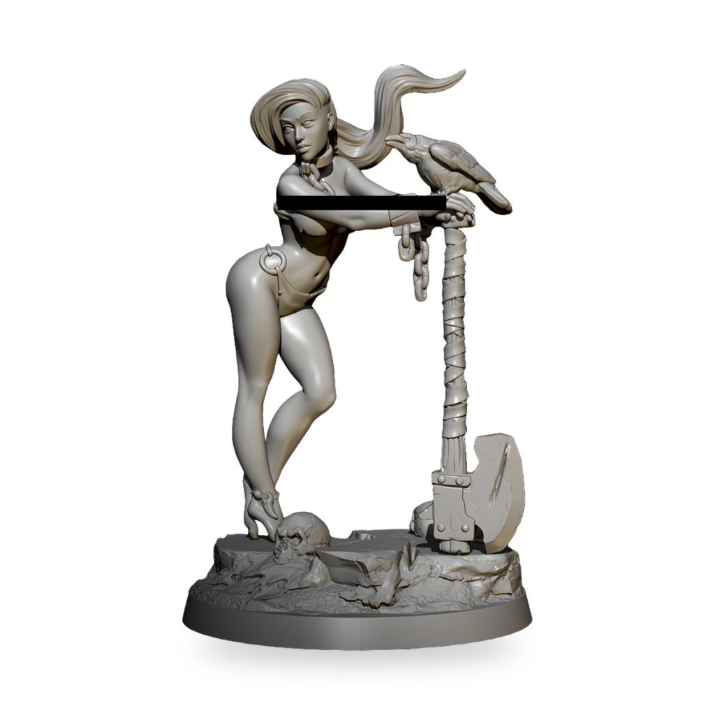 Unpainted female warrior figure with axe and raven on rocky base.