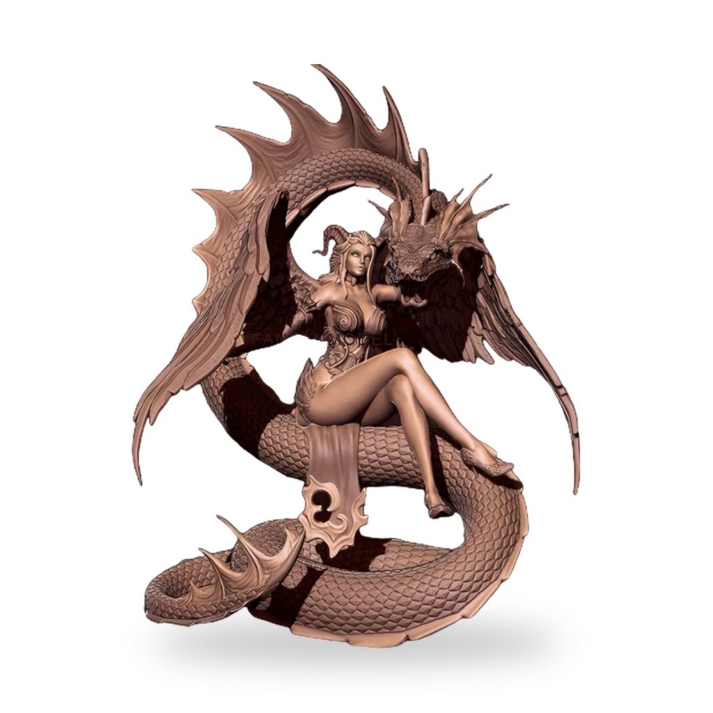 Unpainted resin figure of succubus riding dragon with wings and horns.