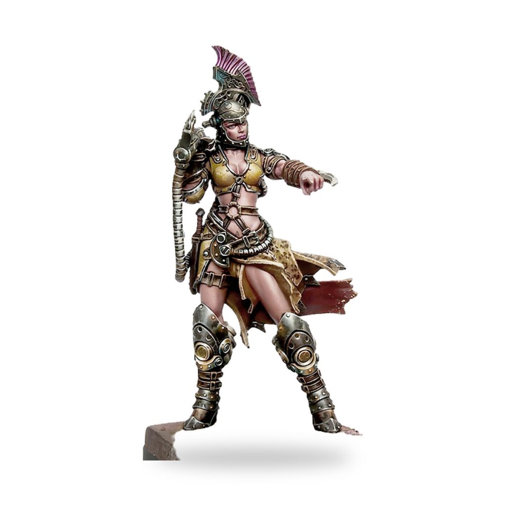 Unpainted female gladiator warrior in ancient armor with helmet and weapon.