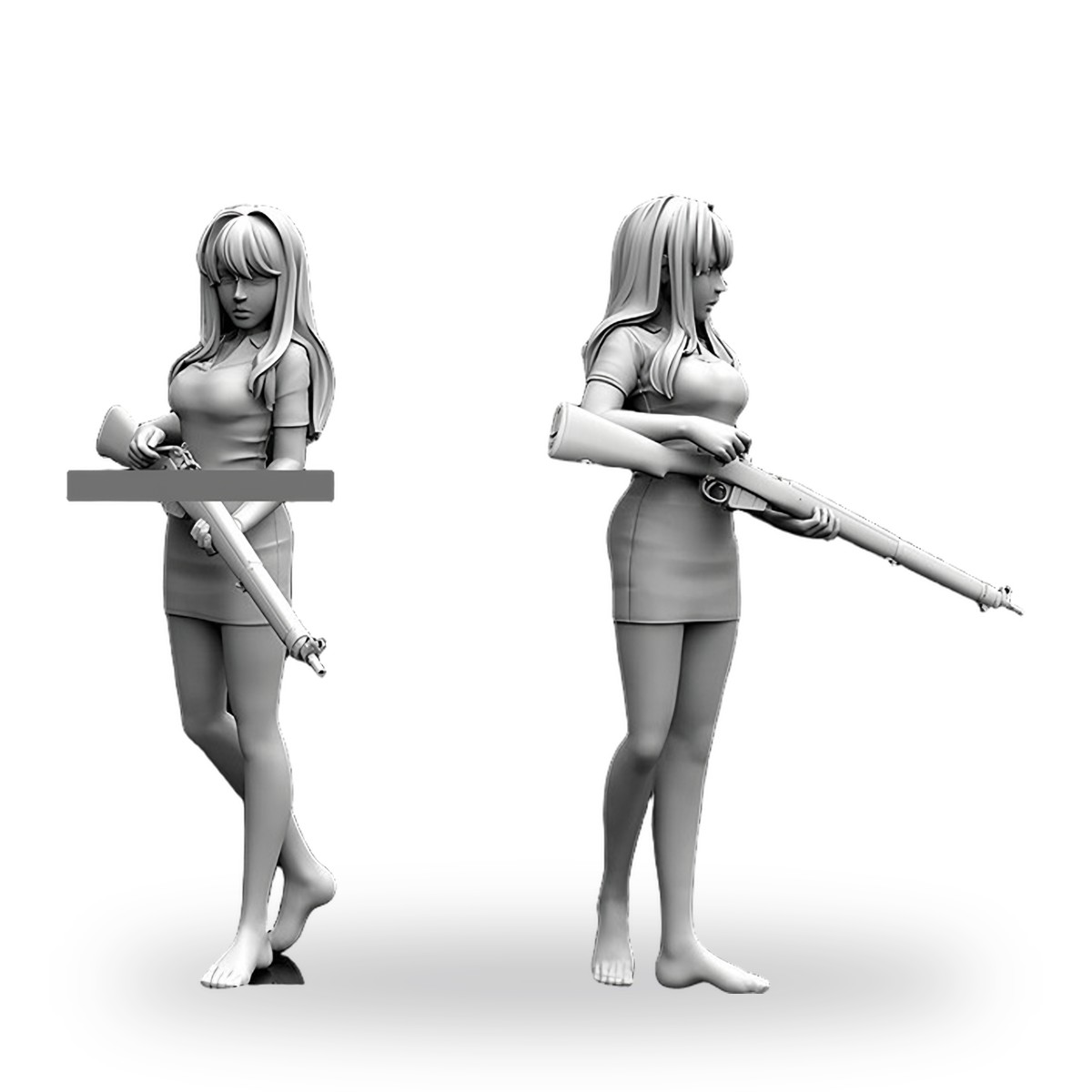 Unpainted resin figure of girl holding shotgun in two poses.