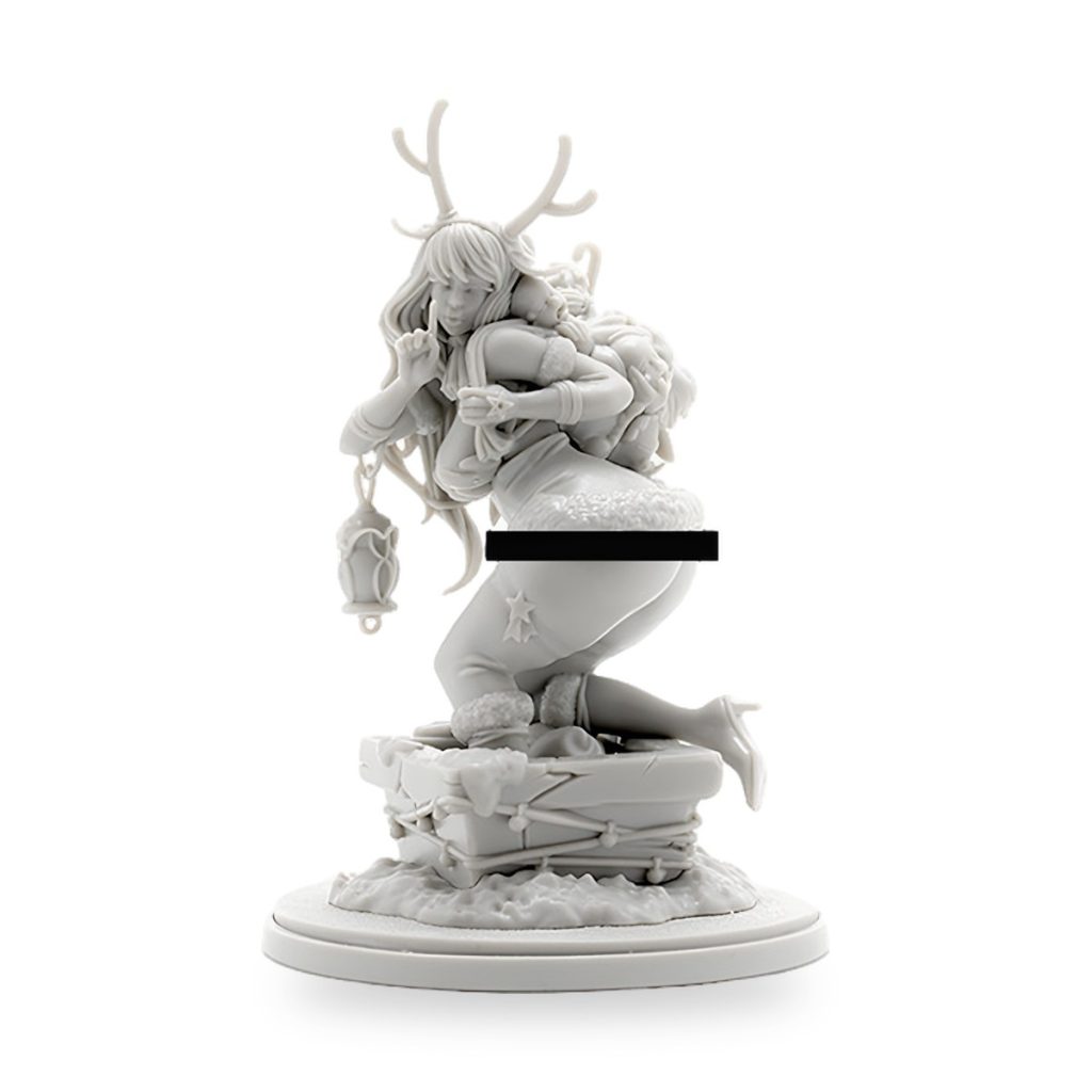 Unpainted white resin figure of woman with antlers hugging child on sled base.