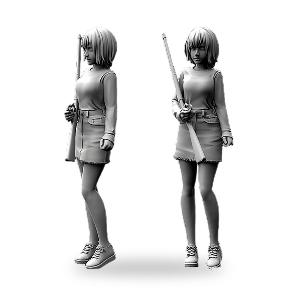 Unpainted resin figure of girl holding shotgun in side and front views.
