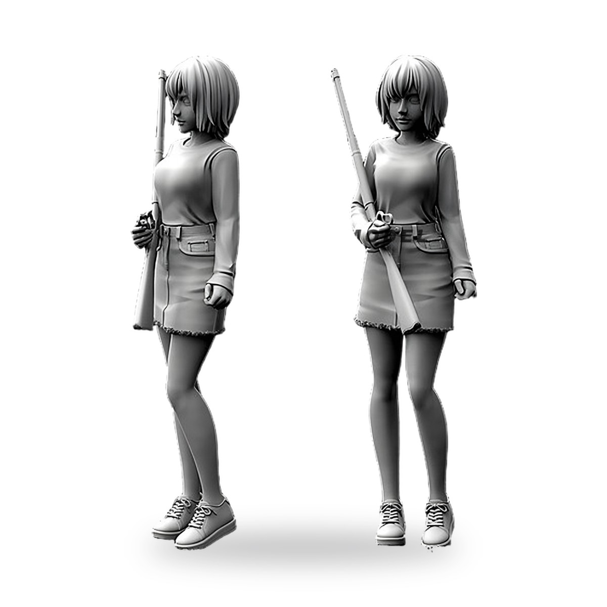 Unpainted resin figure of girl holding shotgun in side and front views.