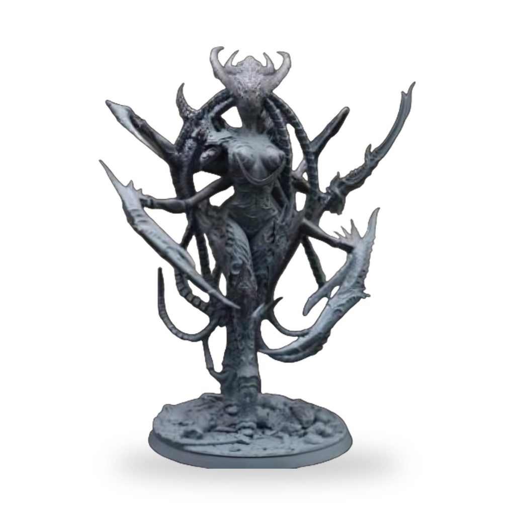 Unpainted grey fantasy demon woman figure with horns and tentacles on base.