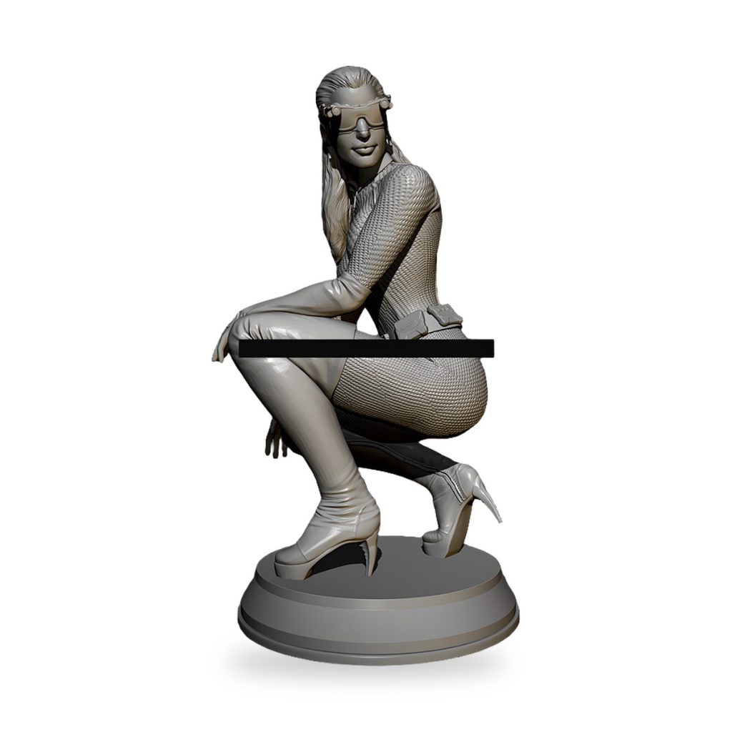 Unpainted resin figure of female superhero in runway pose with goggles and textured suit.