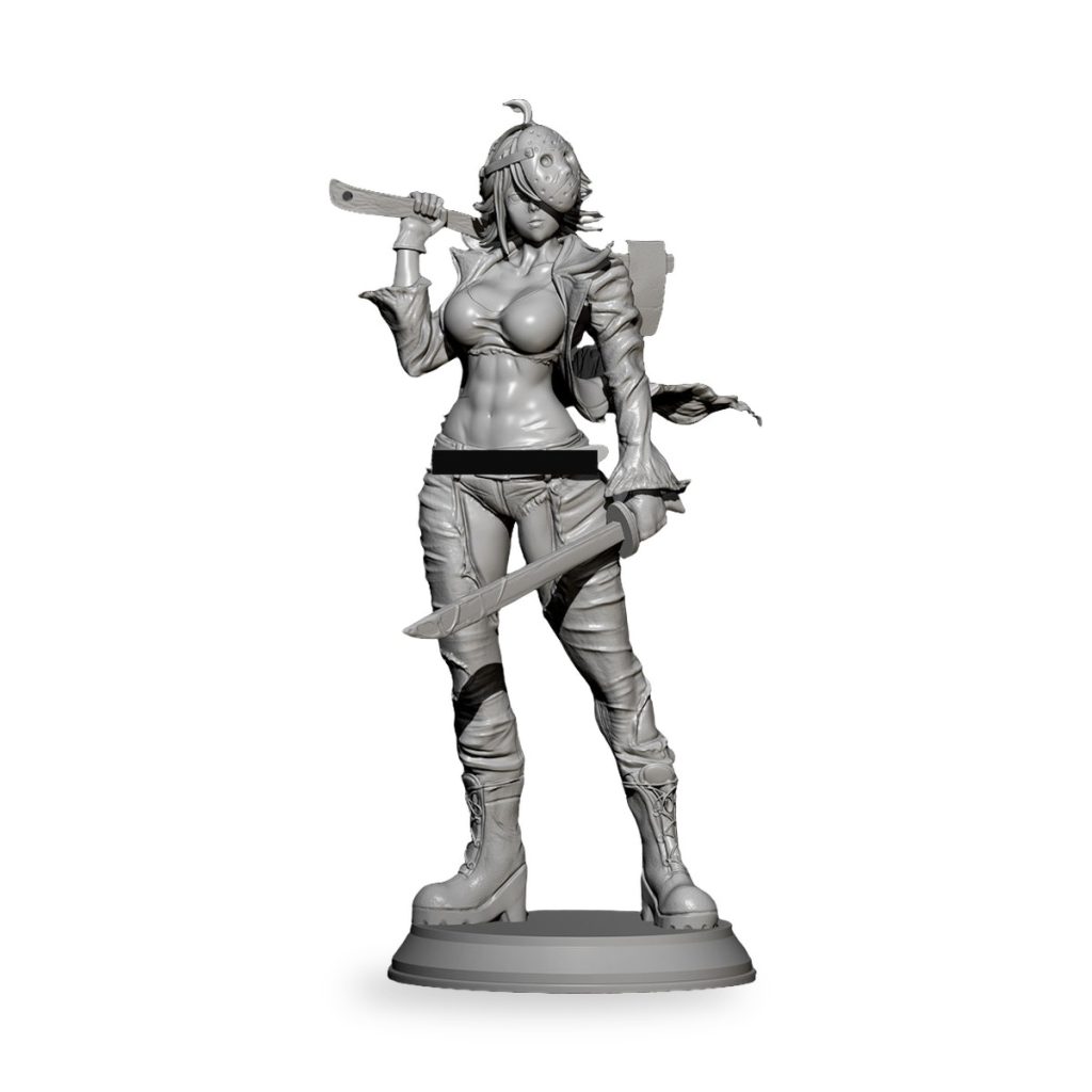 Unpainted resin figure of female character wearing Jason mask and holding machete.