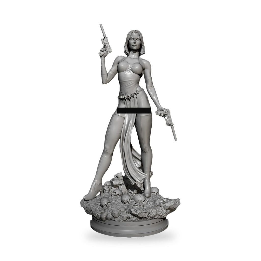 Unpainted female assassin spy figure holding two pistols on skull base.
