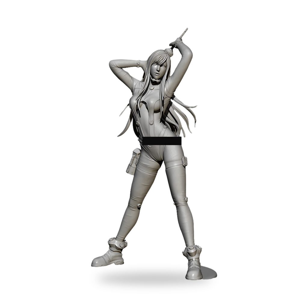 Unpainted female warrior in futuristic armor holding sword above head.