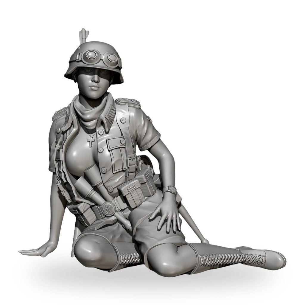 Unpainted female soldier in helmet and tactical gear sitting on ground.