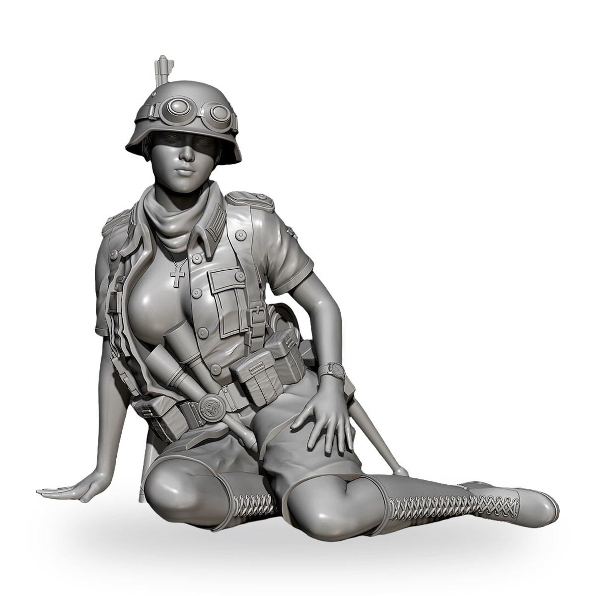 Unpainted female soldier in helmet and tactical gear sitting on ground.
