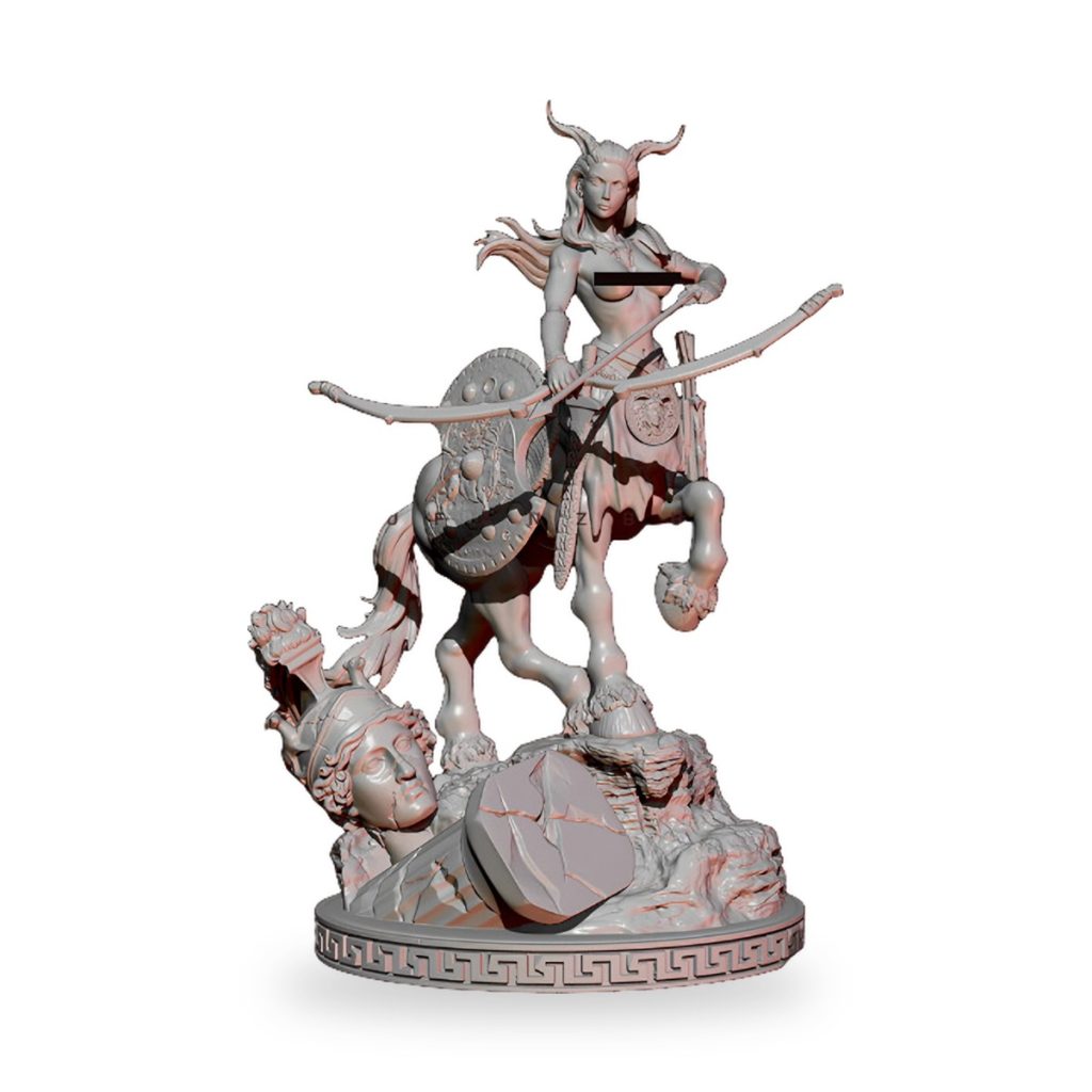 Unpainted female centaur archer statue standing over fallen warrior on rocky base.