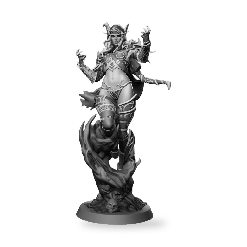 Unpainted fantasy female archer with horns and armor on flame base.
