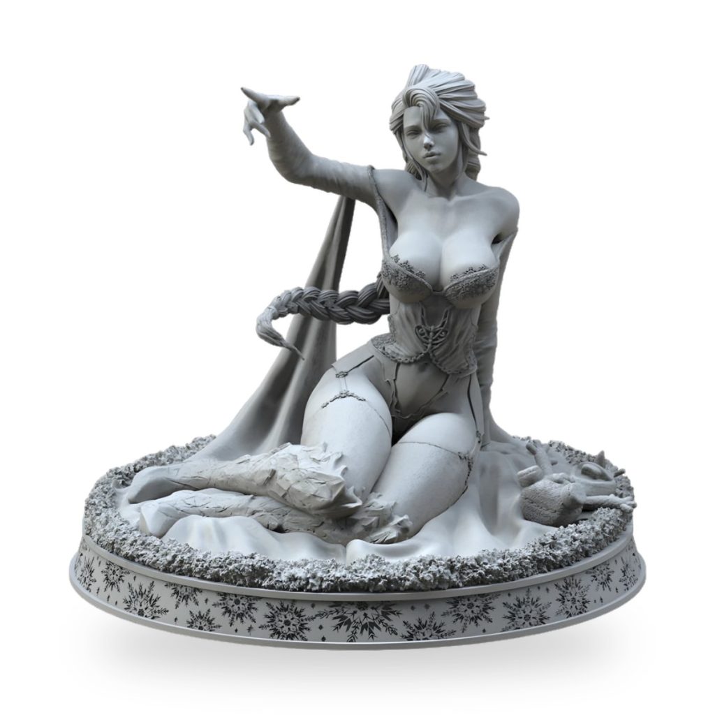 Unpainted fantasy princess statue in icy pose with flowing cape and snow base.