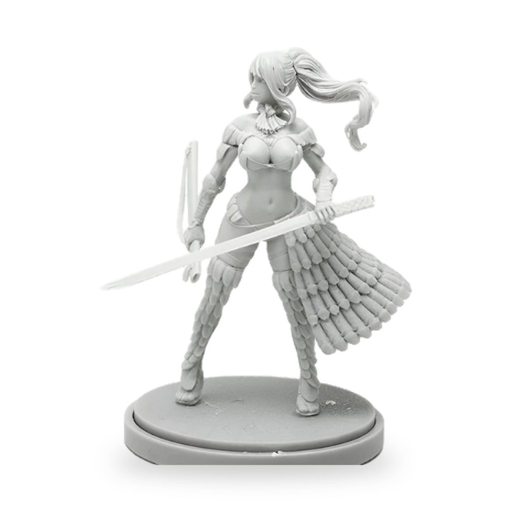 Unpainted female warrior with sword and feathered skirt on circular base.