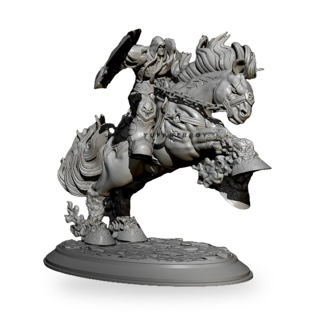 Unpainted knight warrior on horseback with shield and sword in dynamic battle pose.