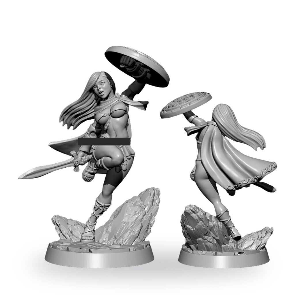 Unpainted female warrior holding shield and sword on rocky base.