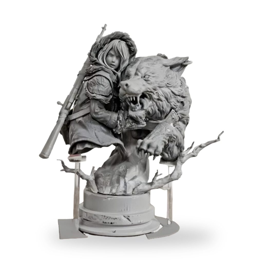 Unpainted resin bust of girl with rifle and dire wolf on branch base.
