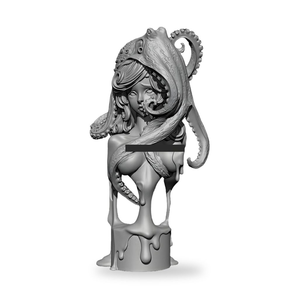 Unpainted resin bust of girl entangled by octopus tentacles with dripping effect.