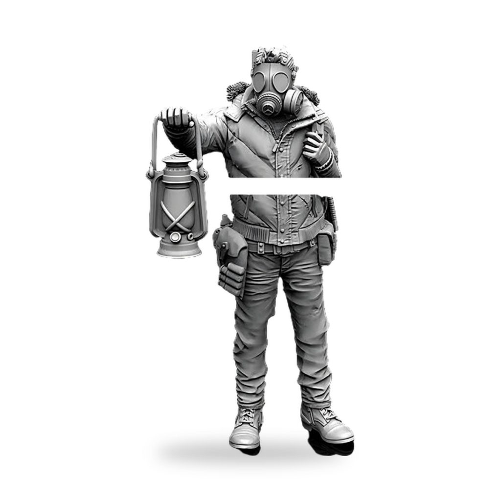 Unpainted militia figure in gas mask holding lantern.