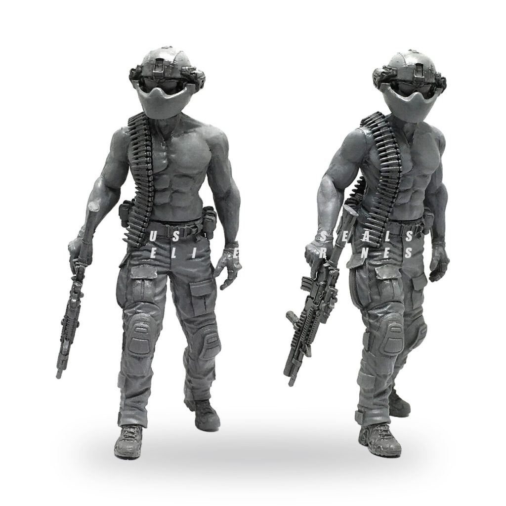 Unpainted 1/35 militia mercenary miniature with helmet and rifle.
