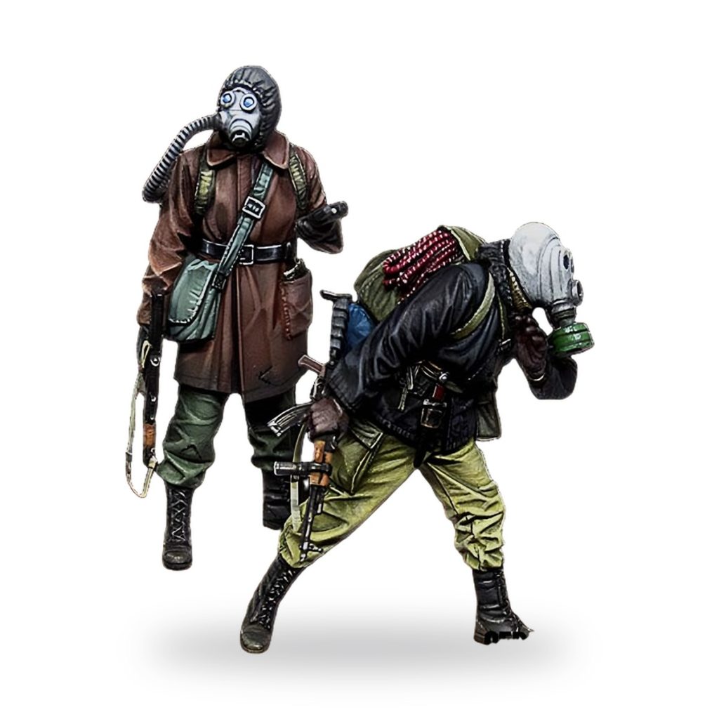 Two soldiers in gas masks and military gear from 'End of the World' scene.