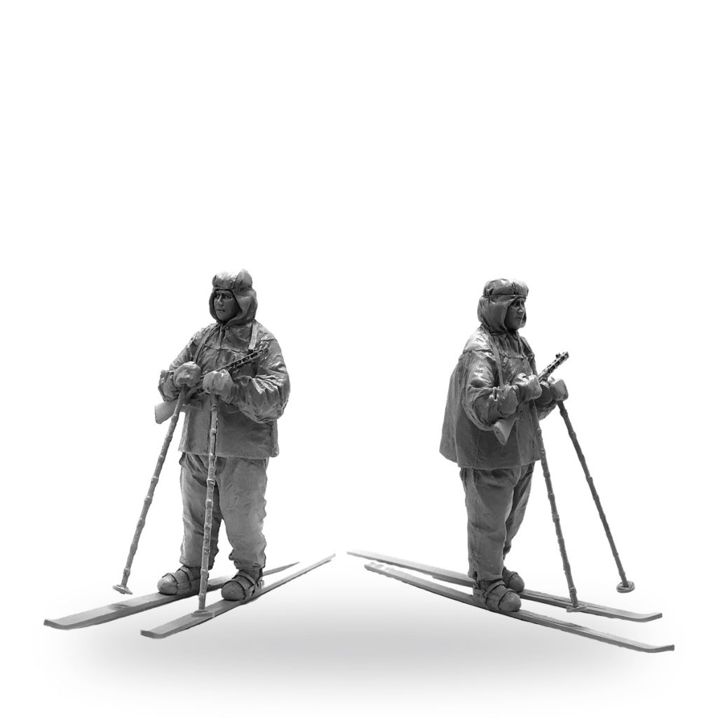 Unpainted Soviet winter ski soldier miniature in full gear with rifle and skis.