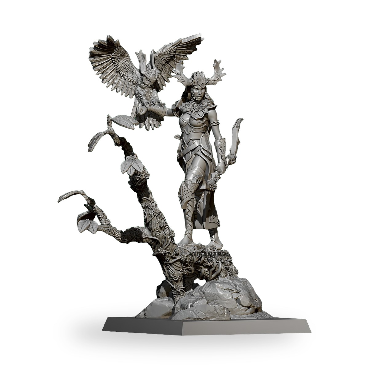Unpainted resin figure of ancient elf huntress with falcon on tree base.
