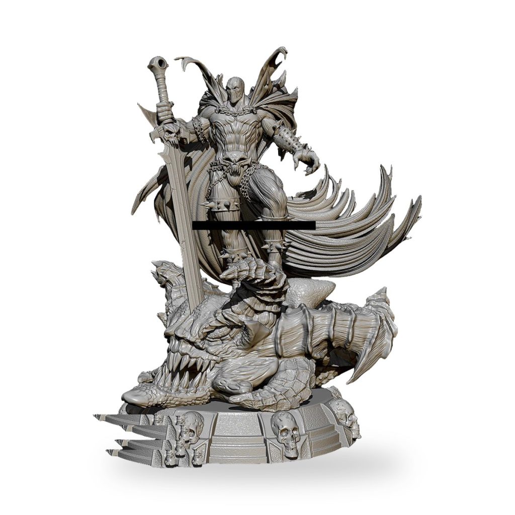 Unpainted resin figure of armored warrior standing on defeated dragon with sword.
