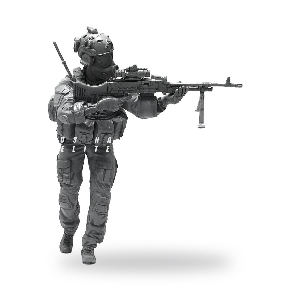 Unpainted 1/35 resin soldier in CBRN gear with machine gun.