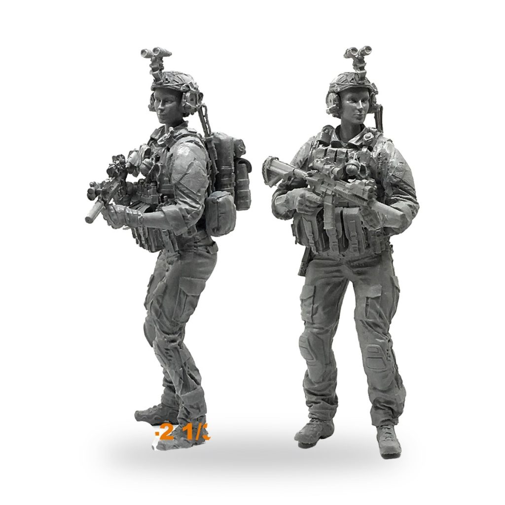 Unpainted female soldier miniature in tactical gear with rifle and backpack.